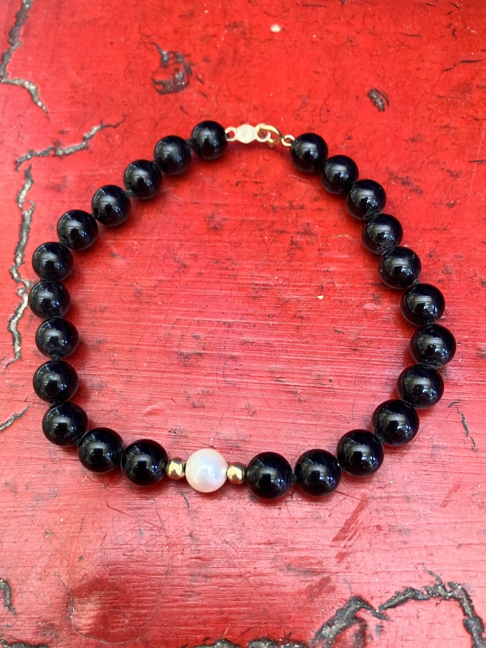 14k Vintage Black Onyx Pearl Gold beads Bracelet REAL GOLD